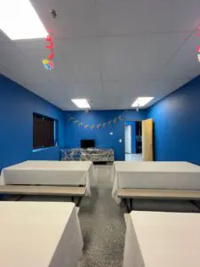 A party room with tables